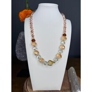 Vintage Cut Glass Beaded Necklace In A Caramel Color Leaf Accent In The Middle